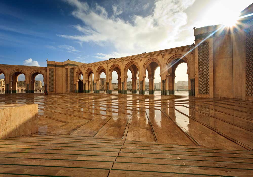 Sparkling marble arcade of Hamman II Mosque on a Sunny Day. Image courtesy of Visit Morocco