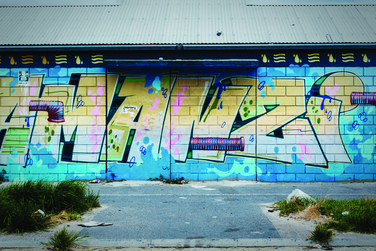 'Amanzi', meaning 'water' in Zulu or Xhosa; this painting at a high school in Khayelitsha was created by five artists, including Juma, to raise awareness about water rights