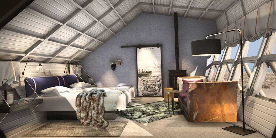 Artistic rendering of interiors of Twin Room at Shipwreck Lodge