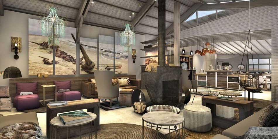 Artistic rendering of the Lounge at Shipwreck Lodge