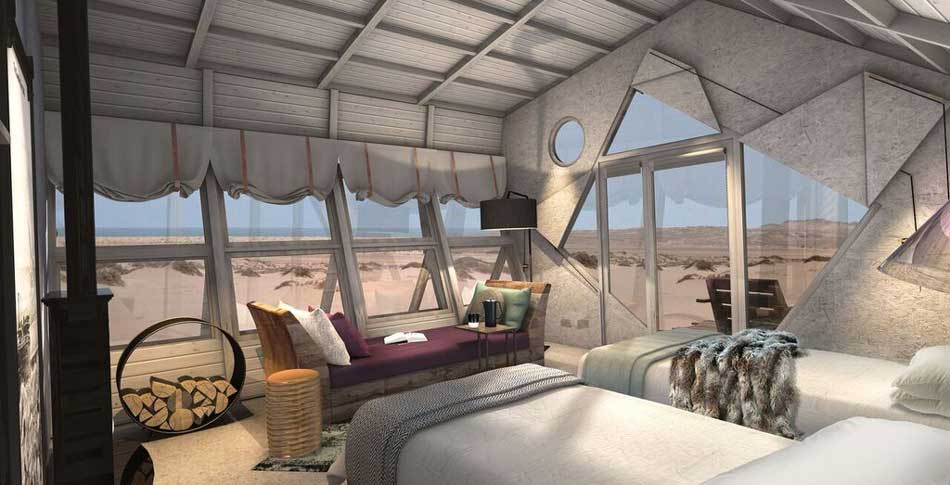 Artistic rendering of interiors of Twin Room at Shipwreck Lodge